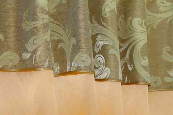 Кухонные шторы VR-Textil № 073к с ламбрекеном и подхватами персиковый с золотистым 270х170 см (52-0194) Киев