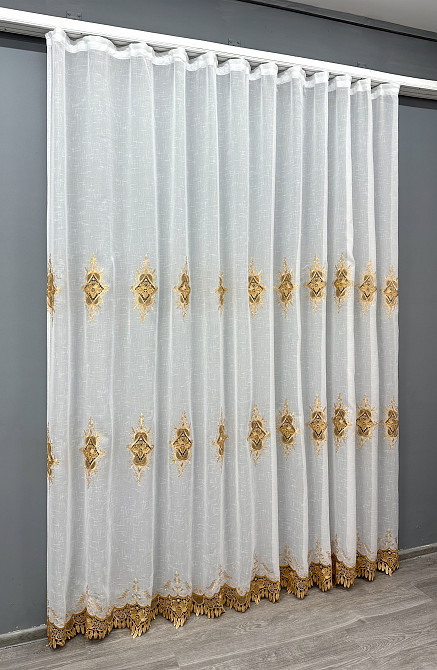 Тюль VR-Textil 1803т Лен с кружевом Белый с золотистым 300х270 см (40-108) Киев - изображение 3