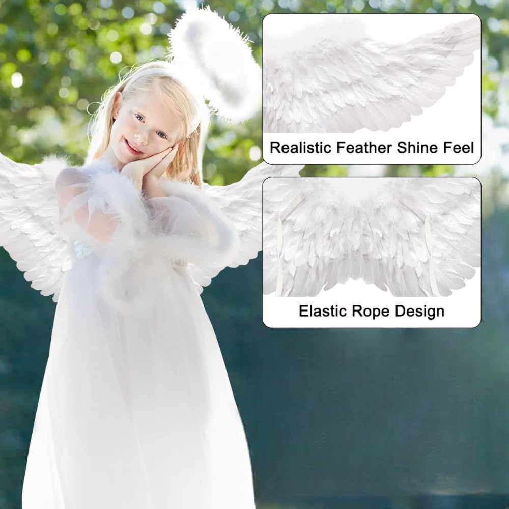 Крылья ангела и нимб белые для детей, набор для образа ангелочка из перьев для спектакля, праздника фотосессии Киев - изображение 3