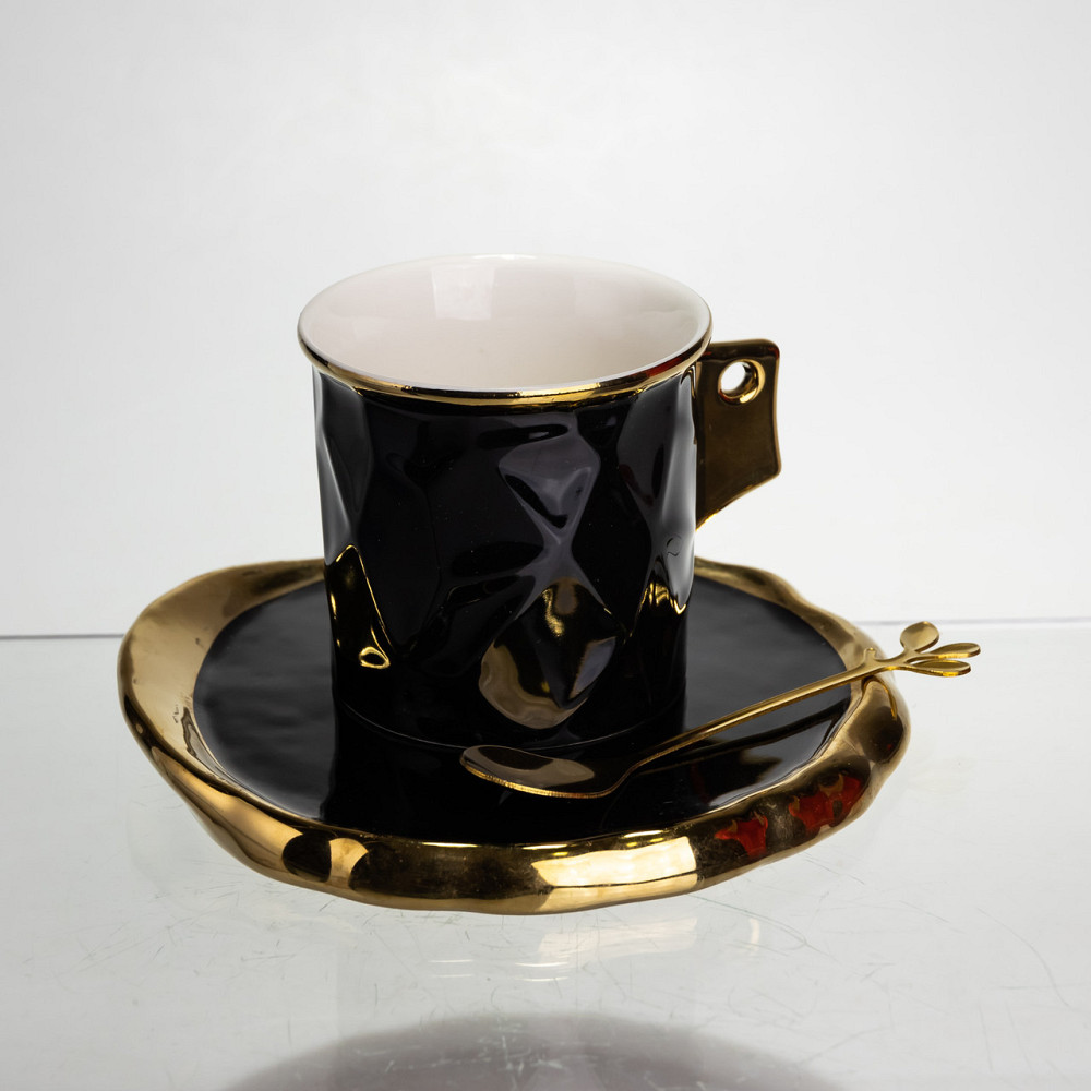 Чашка з блюдцем і ложкою, чорна з золотом, 200 мл Київ - фото 2