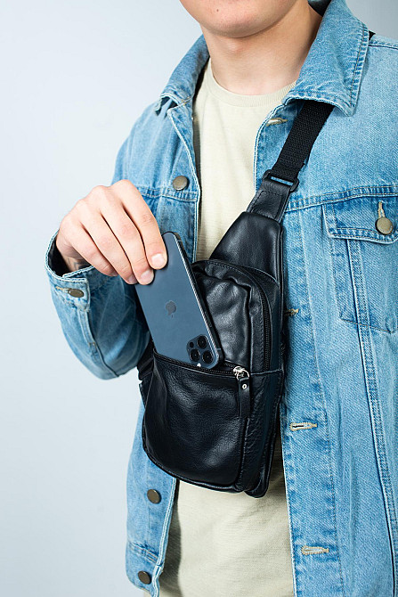 Сумка через плече шкіряна, сумка-слинг чоловіча SL014 (Чорна) Суми - фото 10