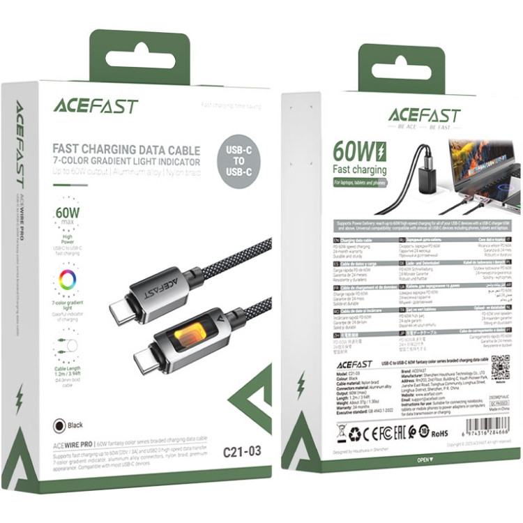 Кабель USB 2.0 Type-C M-M, 1.2 м 60W C21-03 Black Acefast Вінниця - фото 4