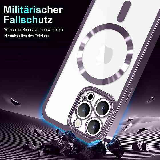 Чехол для iPhone 15 Pro Max с ремешком прозрачный силиконовый магнитный с 2 защитными стеклами фиолетовый Киев