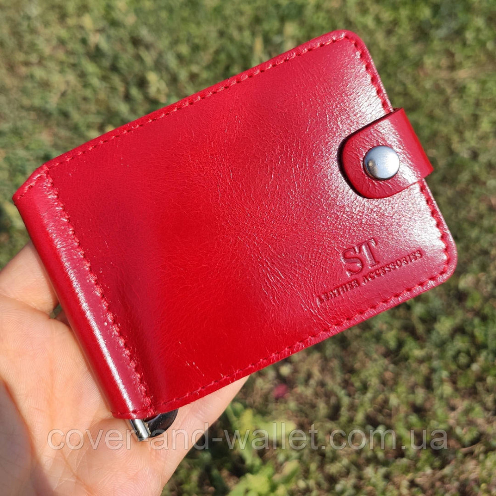 Червоний шкіряний жіночий затискач для грошей на кнопці Puos Київ - фото 6