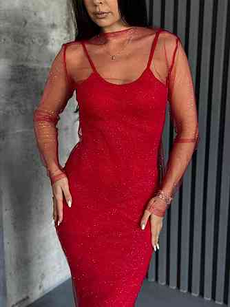 Жіноча елегантна вечірня мідіплаття віскоза та сітка блискавка Червоний, 46/48 Одеса