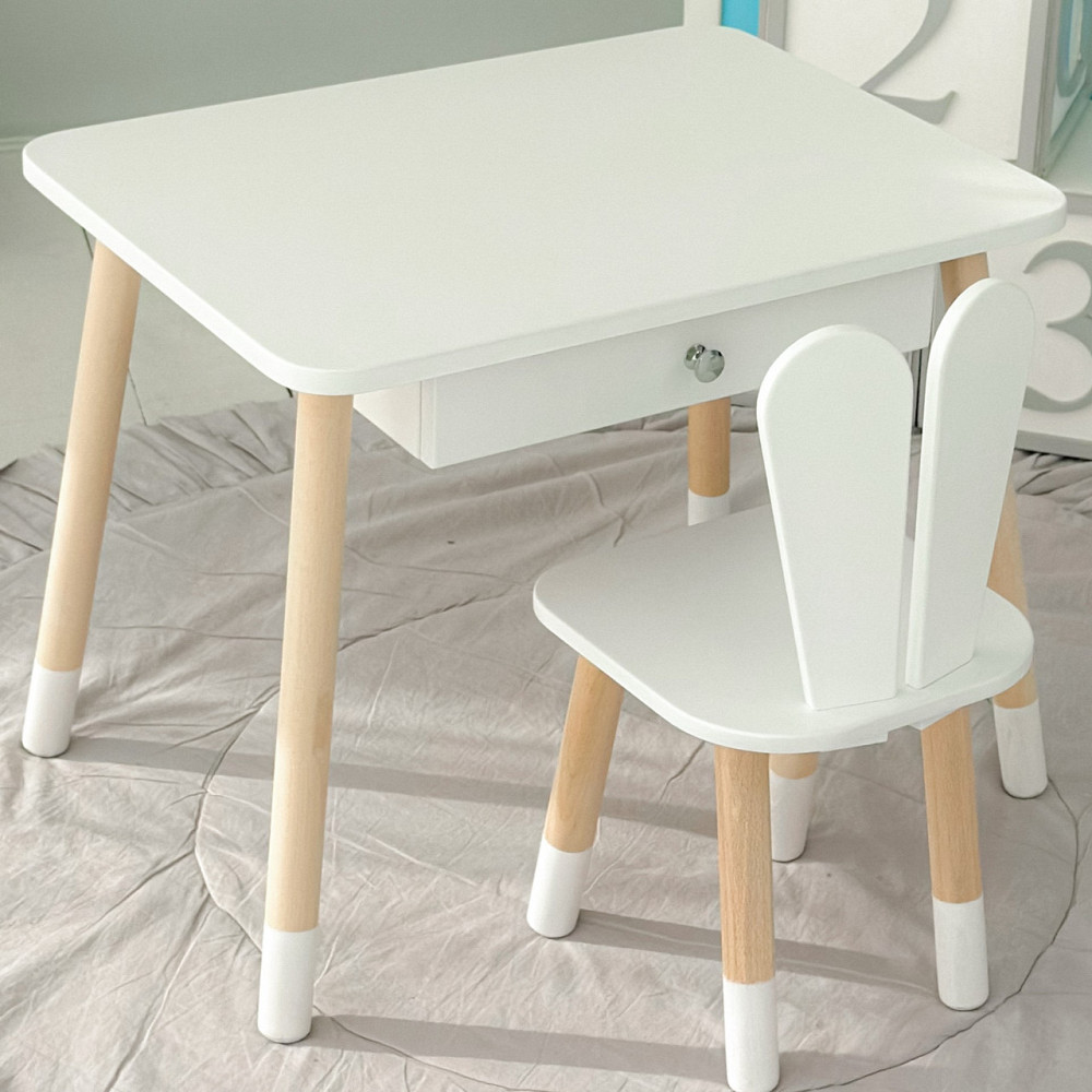 Стіл прямокутний з ящиком 46х60х45 і стілець вушка кролика 26х26х24, столик та стільчик в дитячу, білий Київ - фото 5