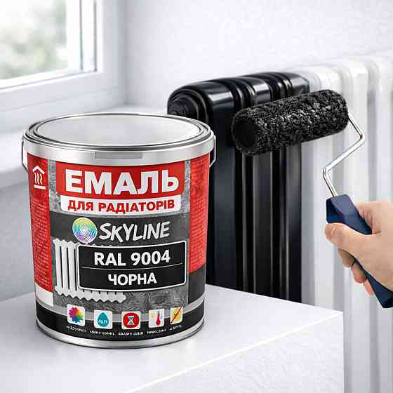Акрилова емаль для радіаторів і труб опалення SkyLine, глянцева, термостійка, без запаху, чорна, 750 мл Харків