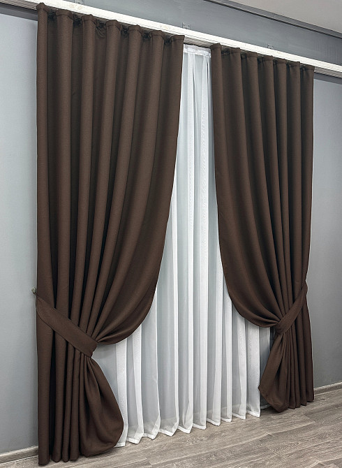 Комплект готовых штор VR-Textil Лен-блекаут Лен Мешковина № 291ш Венге 200х270см 2 шт (32-003) Киев - изображение 11