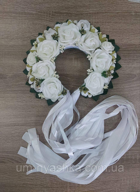 Білий віночок Ободок обруч з квітами "Сценічний білий" зі стрічками Кривий Ріг - фото 6
