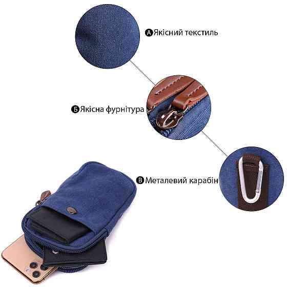 Практичная сумка-чехол на пояс с металлическим карабином из текстиля Vintage 22226 Синий Киев