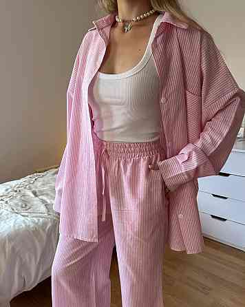 Женский стильный повседневный костм двойка лен- коттон полоска Одесса