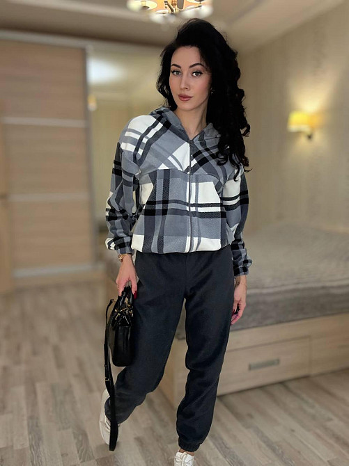 Женский прогулочный теплый костюм: кофта в клетку и штаны турецкий двусторонний флис Графит, 42/44 Одесса - изображение 3