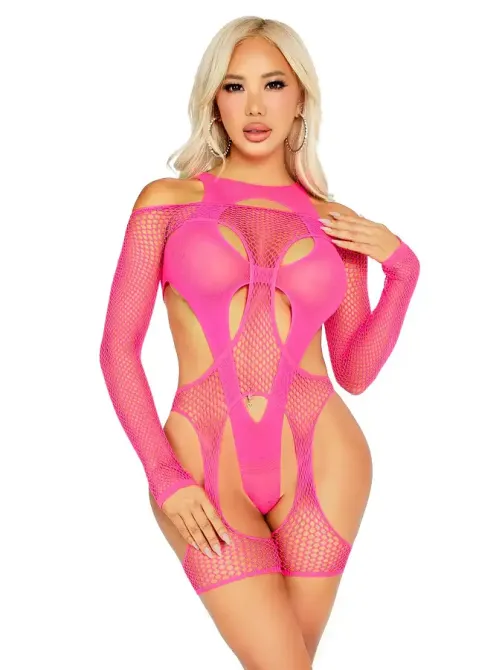 Бодістокінг Leg Avenue Fishnet Garter Harness and Teddy One Size Neon Pink Львов - изображение 4