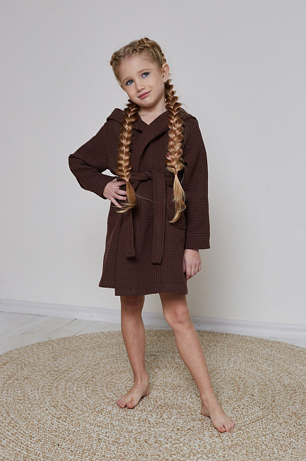 Халат детский вафельный Ideal Textile с капюшоном Коричневый (56860645) Черновцы - изображение 2