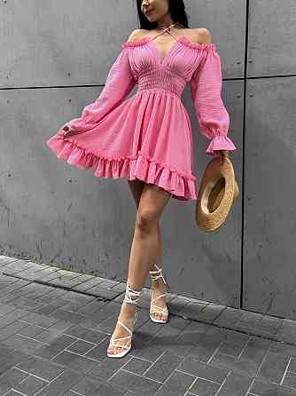 Женское летнее романтичное мини платье натуральный муслин Персик, 42/44 Одесса