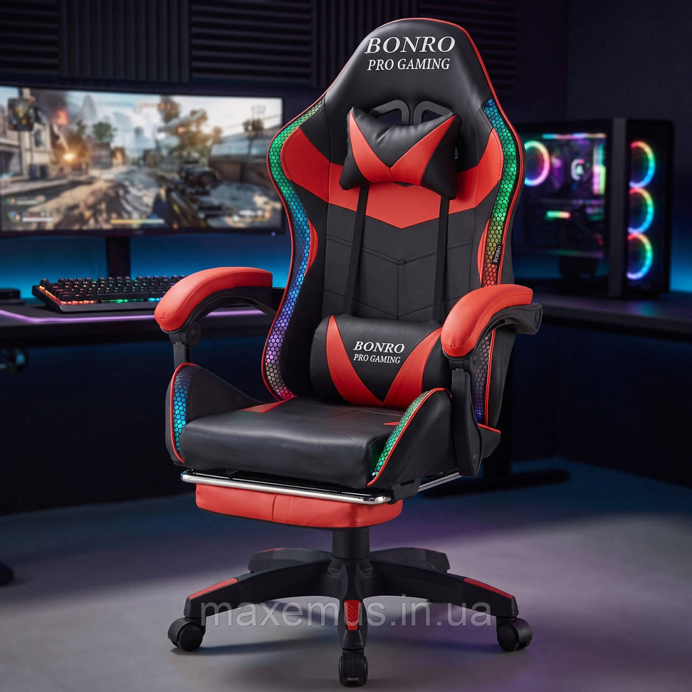 Игровое компьютерное кресло Bonro B-144 Красное с RGB-подсветкой, массажем и подножкой для геймеров Мостиська - фото 8