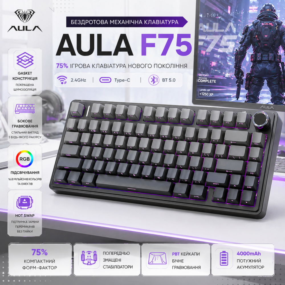 Бездротова механічна клавіатура AULA F75 Black RGB — 75%, Hot-Swap, Bluetooth/2.4GHz/Type-C, Gasket Mount, Бічне гравіювання Київ - фото 2
