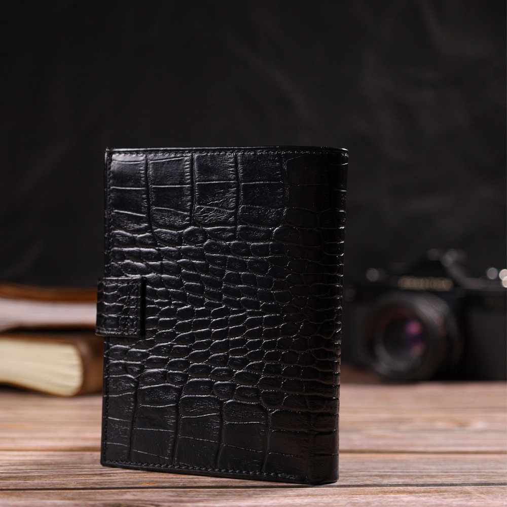 Стильний вертикальний чоловічий гаманець середнього розміру з натуральної шкіри з тисненням під крокодила CANPELLINI 21736 Чорний Київ - фото 10