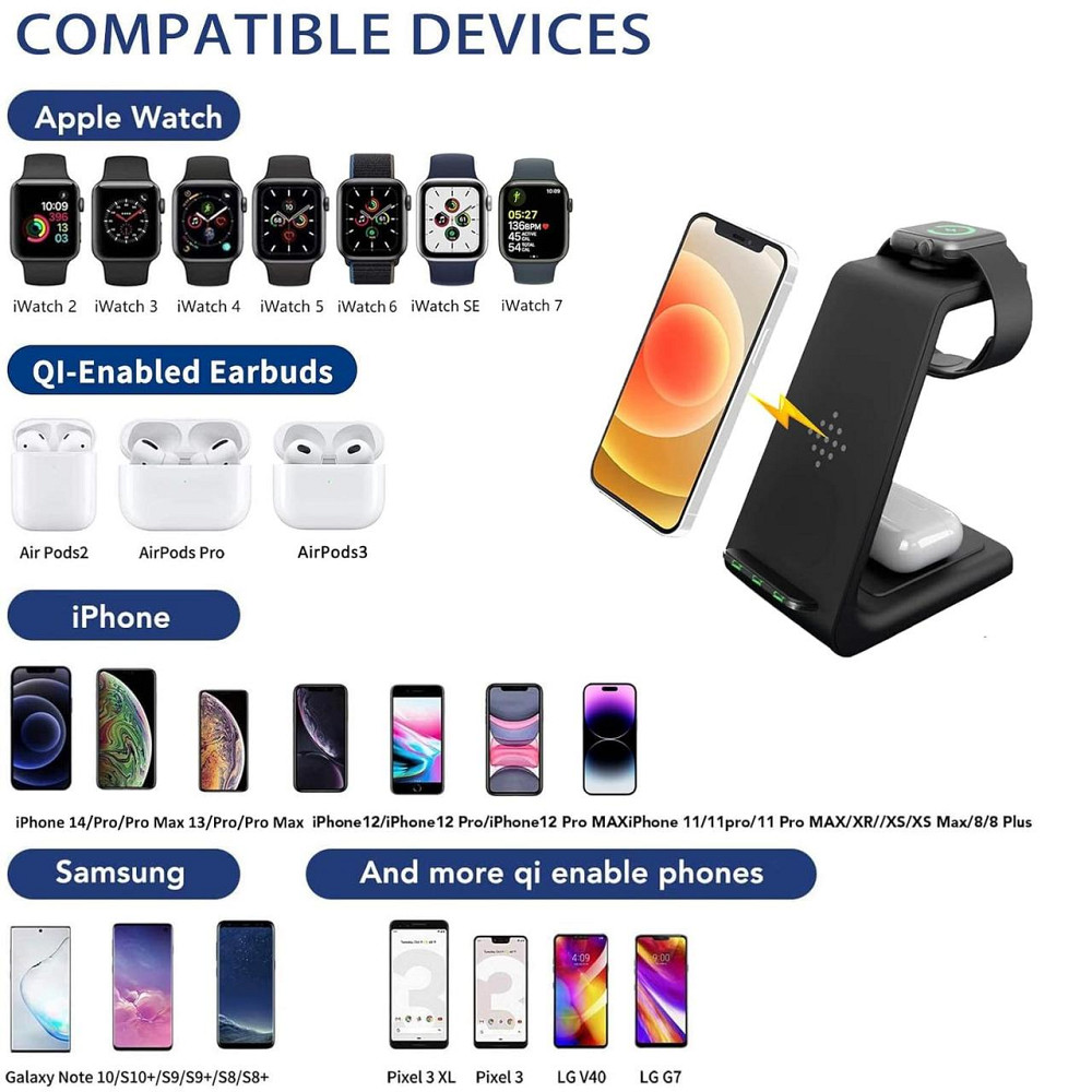 Бездротова зарядка стенд 3в1 Fast 15W iPhone+Apple Watch+AirPods Чорна Київ - фото 7