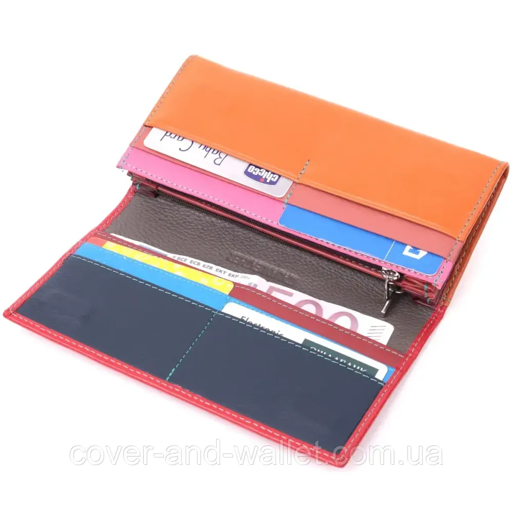 Жіночий шкіряний гаманець на магнітах червоно-помаранчевий мультиколор ST 014 Київ - фото 4