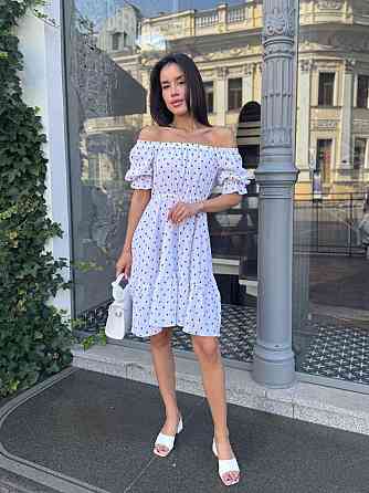 Жіноче романтичне легке принтоване плаття з відкритими плечима муслін Білий, 42/44 Одеса