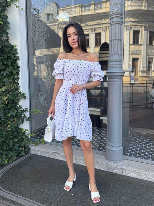 Женское романтическое легкое принтованное платье с открытыми плечами муслин Белый, 42/44 Одесса - изображение 4