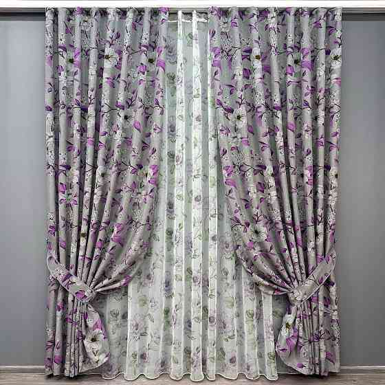 Комплект штор VR-Textil Лен Прованс 100х265 2шт и Тюль 300х265 1820ш-1367т Серый с фиолетовым и белым 71-108/1 Киев