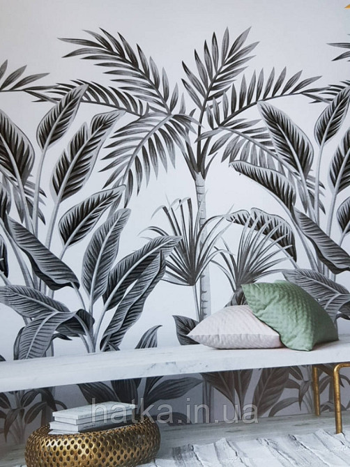 Шпалери вінілові Grandeco One roll one motif 2 A40801 панно рослини великий лист папороть манстера чорні Київ - фото 2
