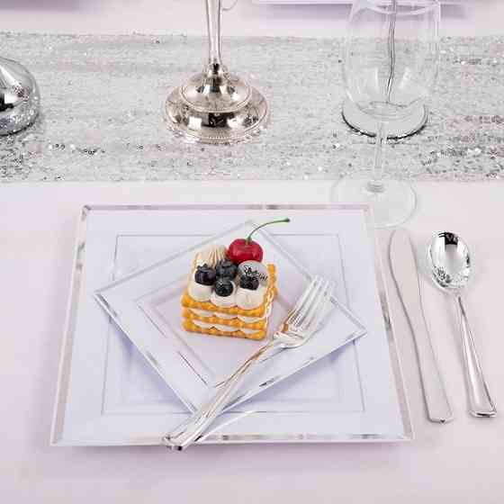 Набор тарелок пластиковых 12 шт,десертные 16.5 см и обеденные 24 см,квадратные с серебристым контуром Каменец-Подольский