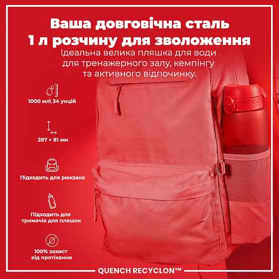 Пляшка для води ION8 1000 мл. (ЕКО пляшка) BPA Free, Red Кам'янське