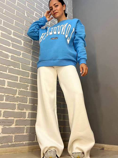 Костюм жіночий Quzen 388-488 подовжений світшот напис брюки палаццо широкі утеплений на флісі блакитний, блакитний, S Київ - фото 9