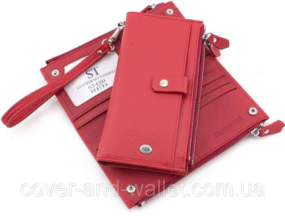 Шкіряний яскравий гаманець із ремінцем на руку та відділенням на блискавці червоного кольору ST Київ - фото 3