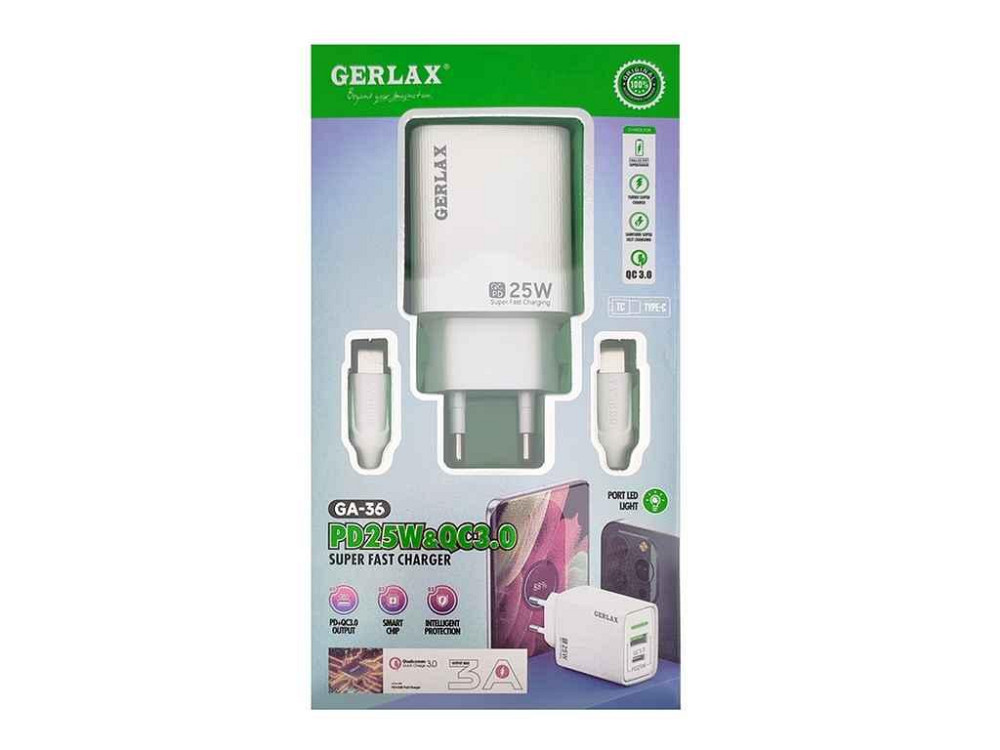 Мережевий зарядний пристрій Type-C to Type-C GA-36 25w 1USB біле ТМ Gerlax Solmir Київ - фото 1