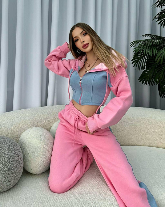 Жіночий стильний костюм двійка у спортивному стилі тринитка на флісі Рожевий, 42/44 Одеса - фото 3