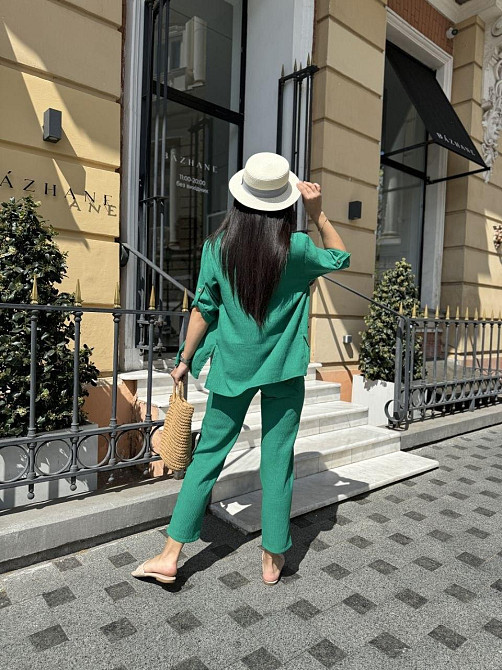 Женский легкий прогулочный костюм тройка: рубашка майка и брюки шелковый креп жатка Зелёный, 40/42 Одесса - изображение 7