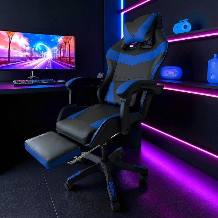 Геймерське ергономічне комп’ютерне крісло Vicotan VIP із підставкою для ніг, чорний із синім дизайном, з регулюванням нахилу спинк Львів - фото 2