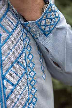 Вишиванка лляна чоловіча, довгий рукав, колір блакитний, р.52/54 топ Київ