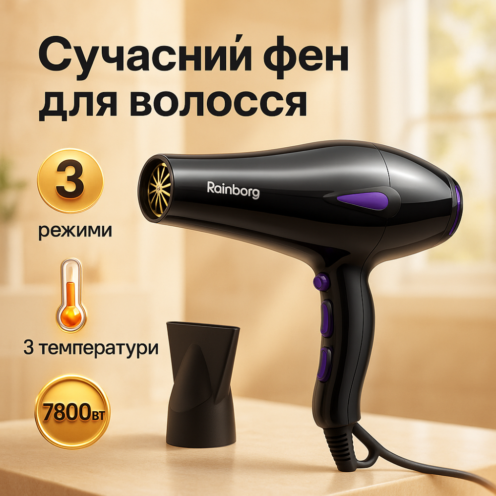 Фен с регулировкой температуры и потока воздуха Rainberg, Современный фен для волос BN-62 Львов - изображение 9