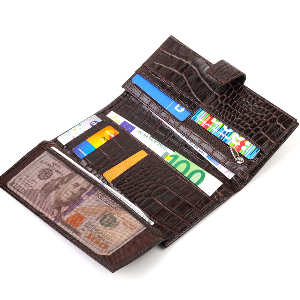 Містке вертикальне чоловіче портмоне з натуральної фактурної шкіри з тисненням під крокодила CANPELLINI 21720 Коричневе Київ - фото 7