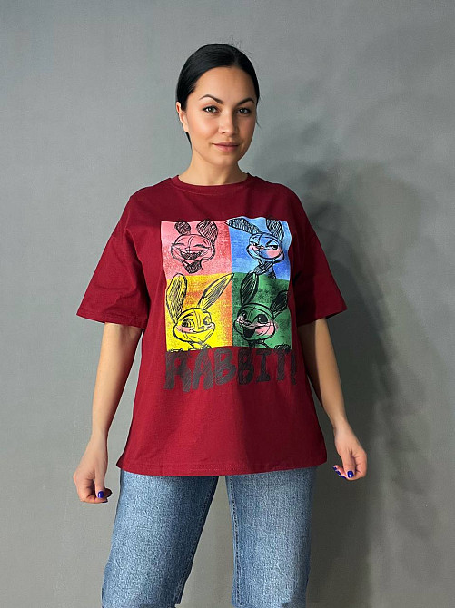 Футболка женская Y-Q 4047 оверсайз бордовая с принтом, бордовый, one size Киев - изображение 1