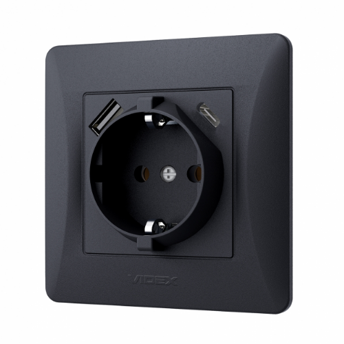 BINERA чорний графіт Розетка внутрішня +USB+Type-C із заземленням Videx Житомир
