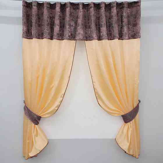 Кухонні штори VR-Textil № 073к з ламбрекеном і підхватами персиковий з малиново-сірим 270х170 см (52-0201) Киев