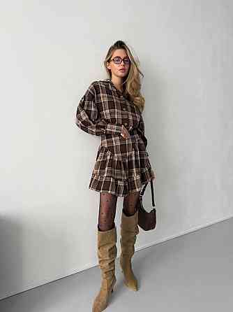 Жіночий стильний костюм-двійка: сорочка та спідниця в карту тіар Шоколадний, 46/48 Одеса