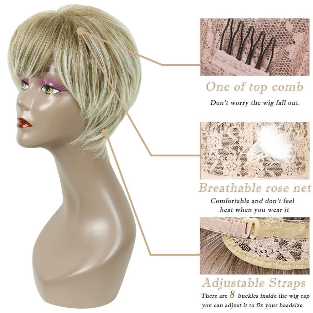 Стильна коротка багатошарова жіноча перука піксі з чубчиком, блонд з затемненим корінням , термостійка, PHOCAS Київ - фото 5