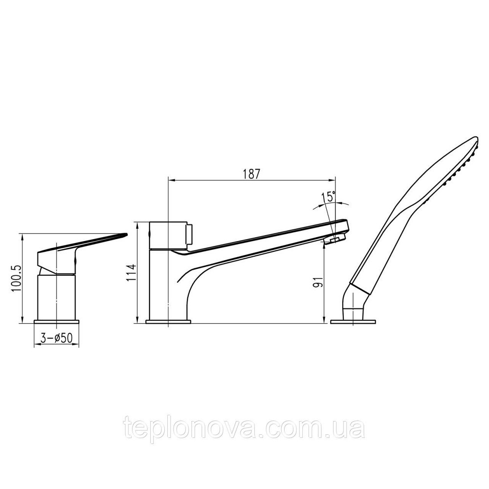 Змішувач для ванни TOPAZ CAPRI TCA-15111-H43 вбудований, 3 виходи, картридж D35 (комплект) Чернівці - фото 7