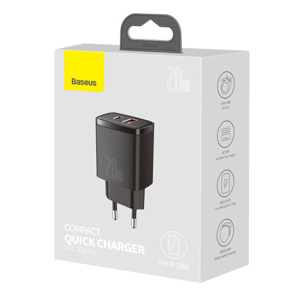 Мережевий зарядний пристрій Baseus Compact Quick Charger U+C 20W EU, колір чорний CCXJ-B01 Одеса - фото 2