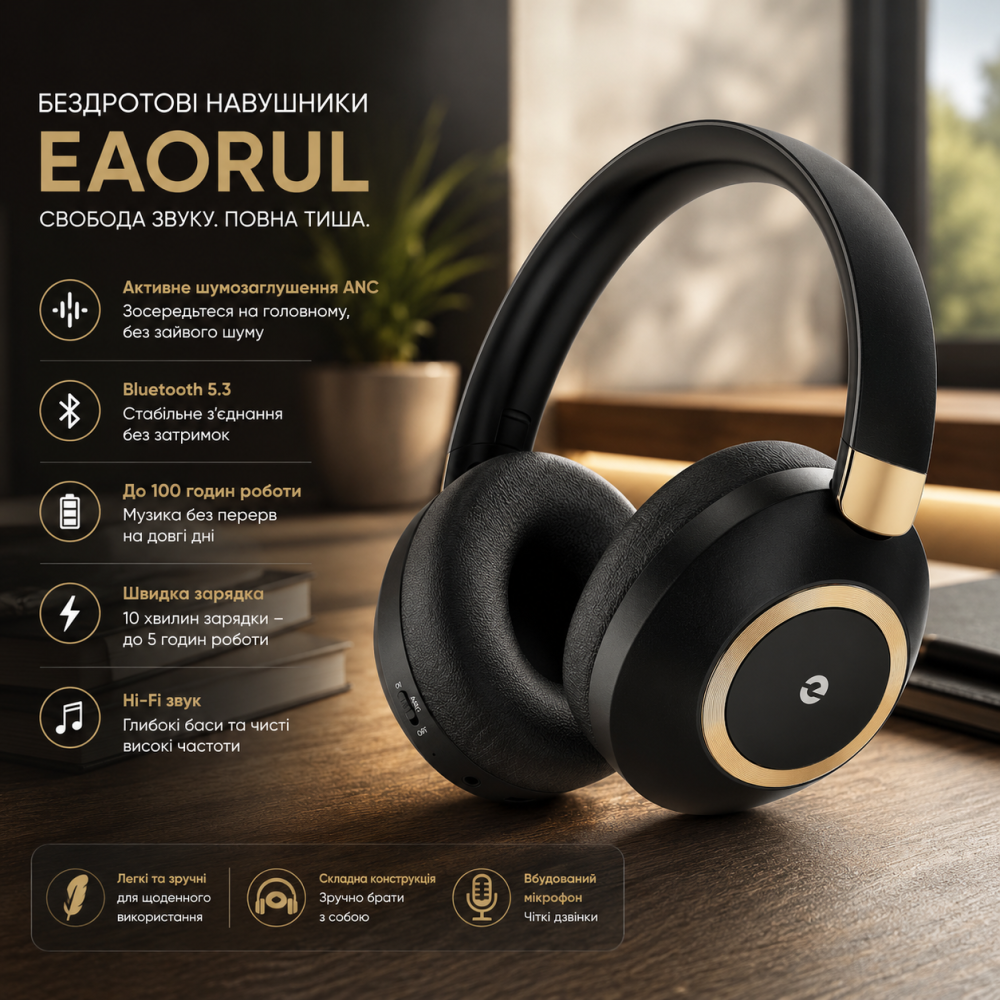 Бездротові навушники EAORUL Bluetooth 5.3 з активним шумозаглушенням ANC | 100 годин роботи, Hi-Fi звук, швидка зарядка, Black Київ - фото 7
