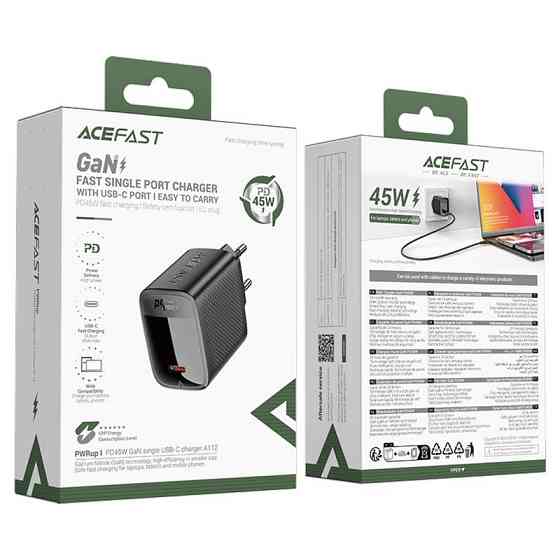 Мережевий зарядний пристрій ACEFAST A112 PD45W GaN single USB-C charger (EU) Black Одеса