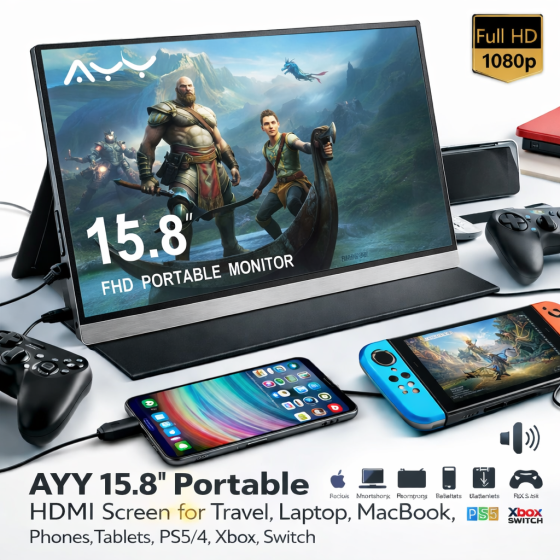 Портативний монітор AYY 15.8" FHD 1080P IPS HDR: Другий екран для MacBook, Ноутбука, PS5, Xbox, Switch + Чохол-підставка Київ