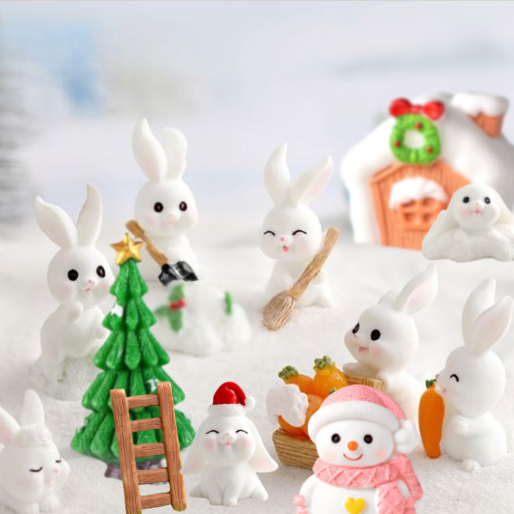 Новогодние фигурки Зайцы озорники Набор 12 фигурок для флорариума, мини-сада, микроландшафта, новогодних инсталляций Одесса - изображение 1